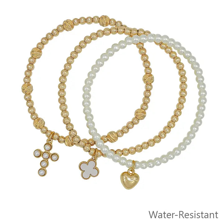 Pearl and Cross Charm Stretch Water Resistant Bracelets Set