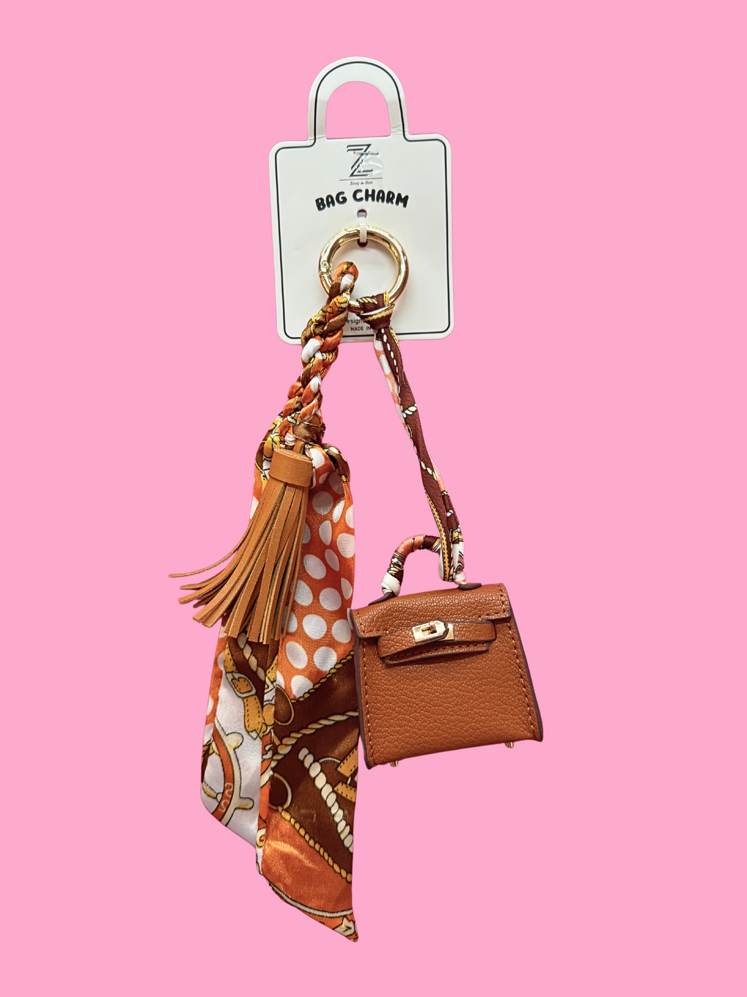 brown bag charm with silk scarf keychain