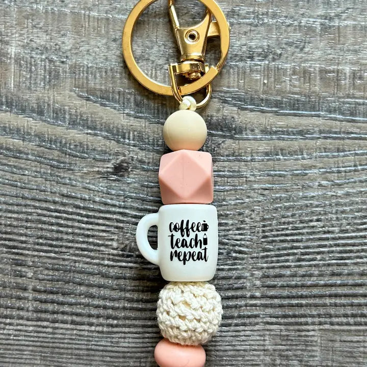 Pink Coffee Teach Repeat Silicone Bead Keychain
