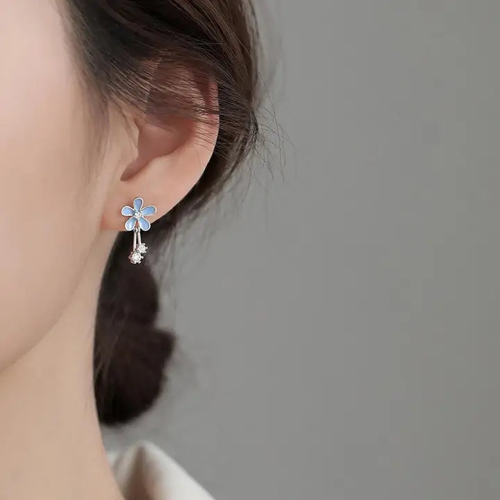 Dainty Blue Flower Earrings in Sterling Silver