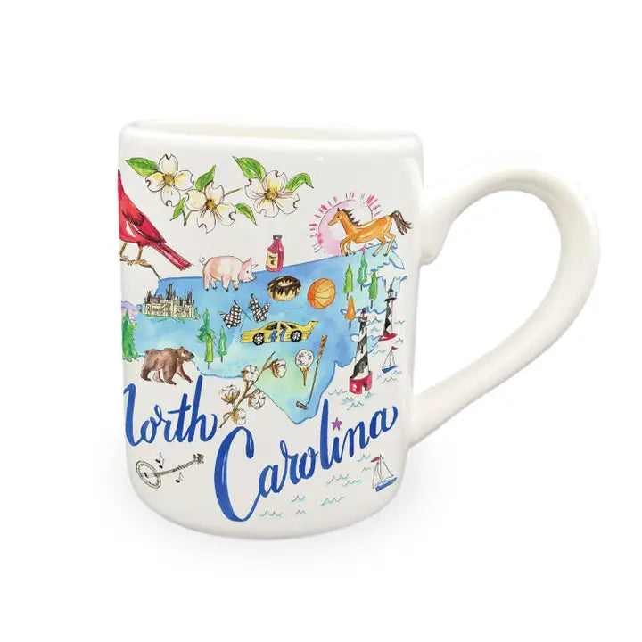 Mug with illustrations of North Carolina landmarks and animals on a white background