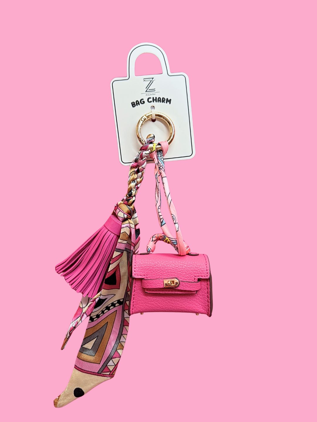 pink bag charm with tassel and silk scarf keychain