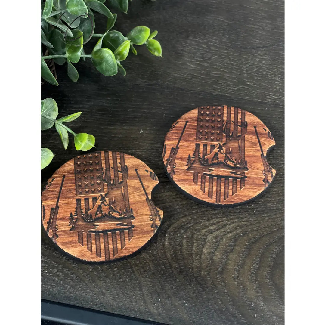 Wood Grain Deer Hunter Car Coaster Set
