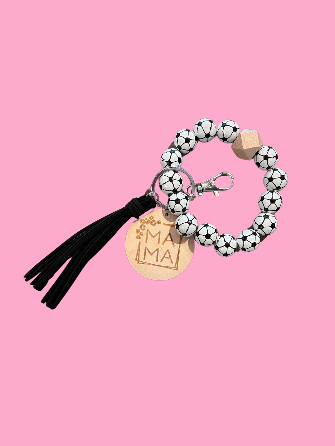 Mama Soccer Sports Keychain With Wooden Beads