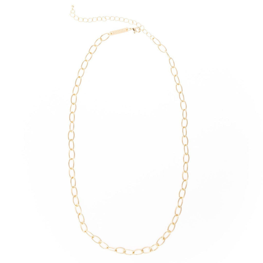 An 18k gold plated paperclip chain necklace with a 16" chain and a 3" extender, displayed on a white background.