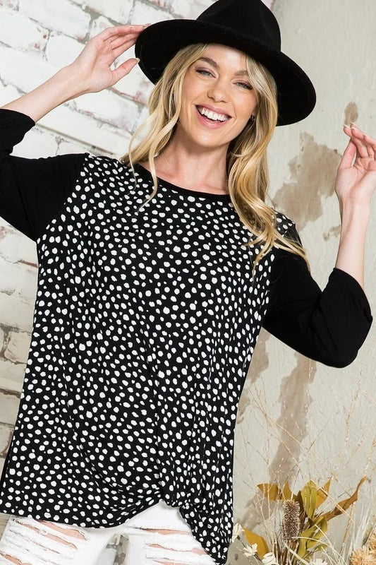 Black and White Dot Print Top with Rolled Sleeve
