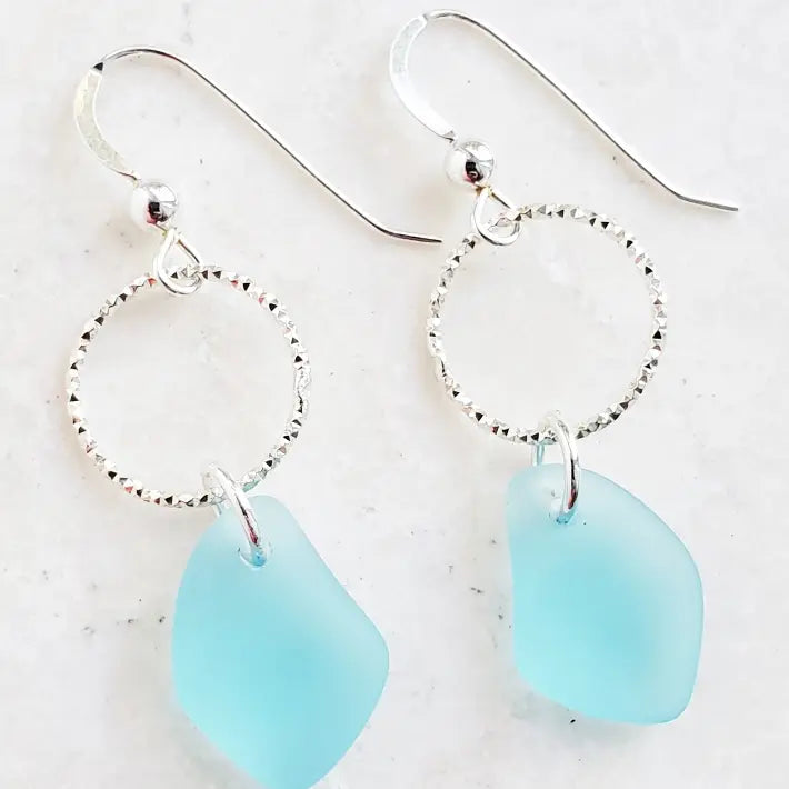 Silver Diamond Cut Turquoise Sea Glass Pebble Earrings