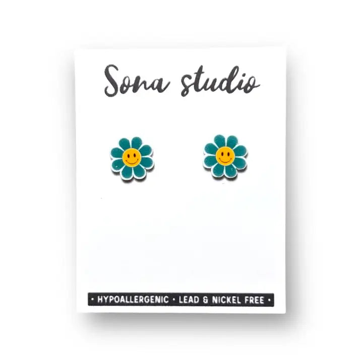 Green Smiley Flower Stud Earrings