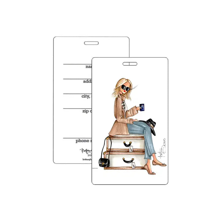 Luggage tag with a design of a woman sitting on a suitcase and text fields for personal information.