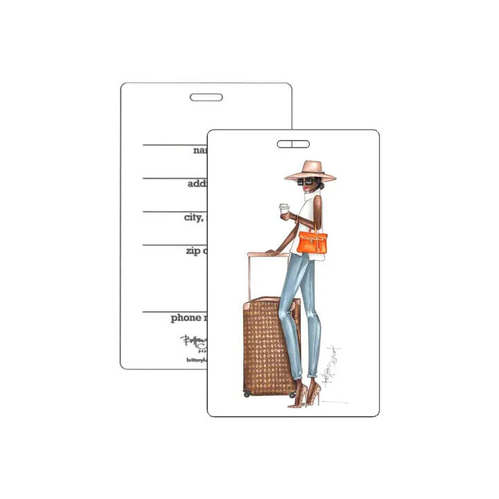 Luggage tag with an illustration of a woman holding a drink and a suitcase, on a white background.