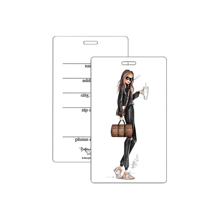 Luggage tag with a stylized illustration of a woman holding a handbag and a glass, with space for personal information.