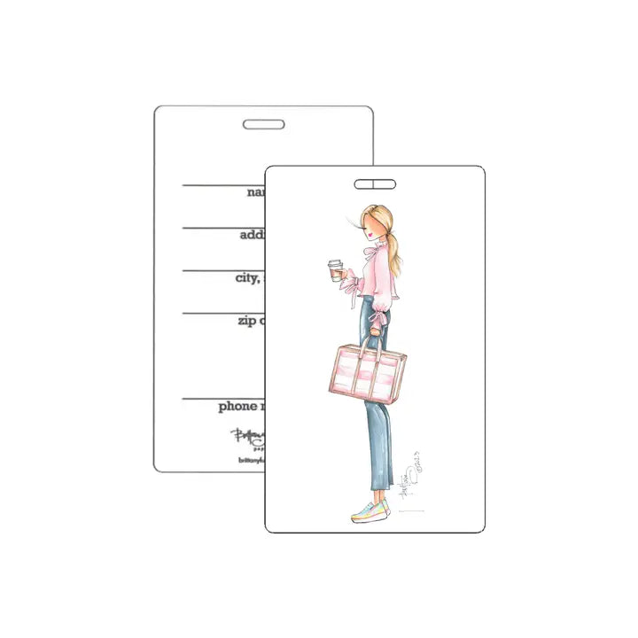 Personalized luggage tag with illustration of a person holding a coffee cup and a suitcase.