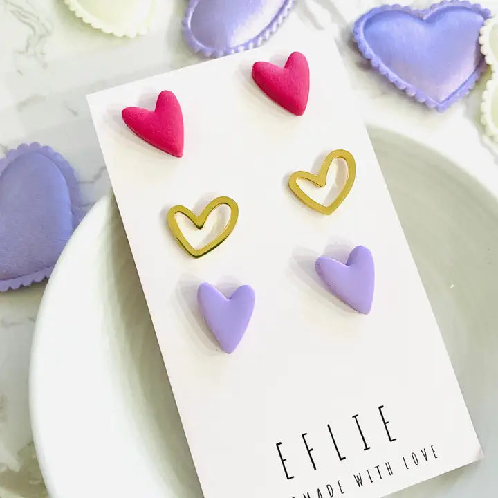 Valentine's Gold & Purple Heart Stud Earring Set