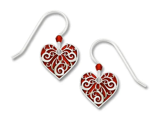 Red Heart with Silver Filigree Overlay Earrings