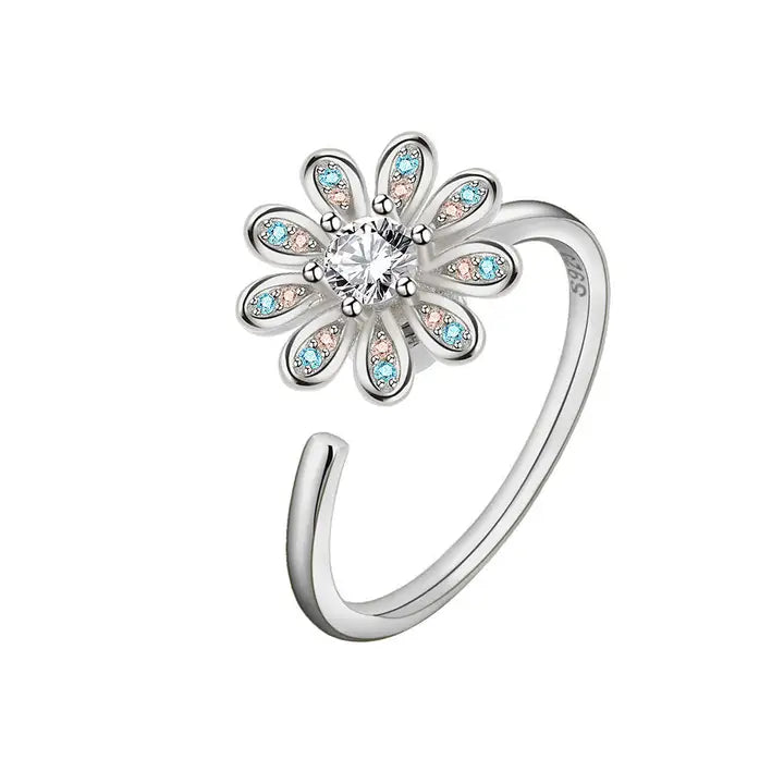 Silver Blue Daisy Fidget Ring