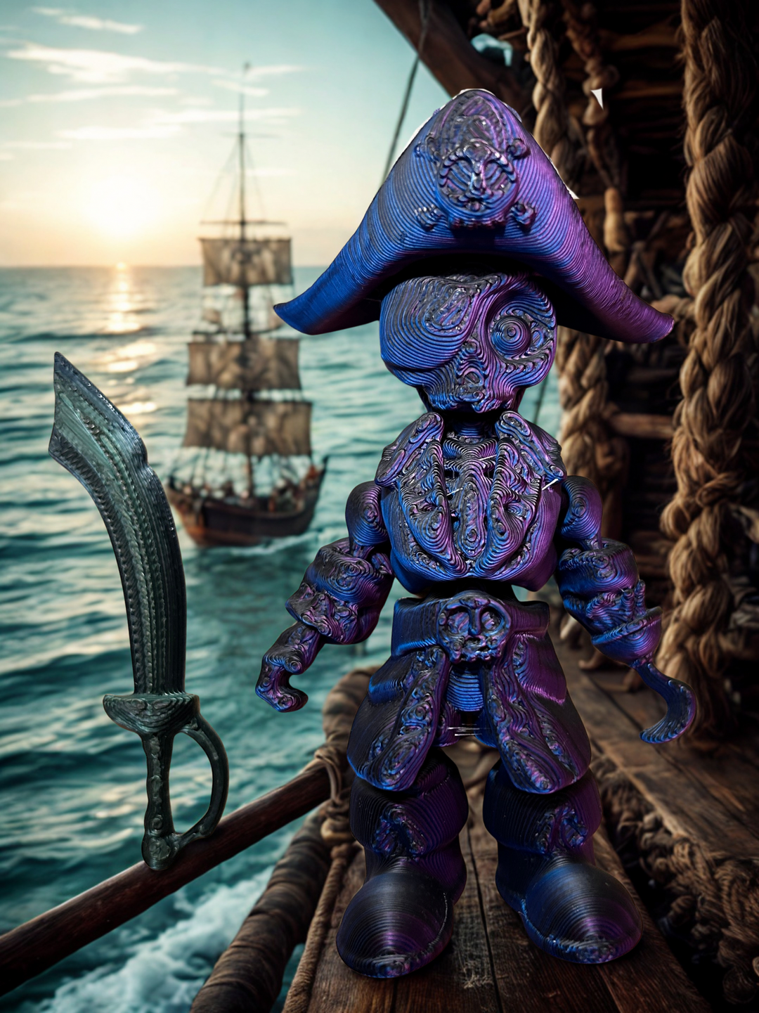 Pirate-themed figurine with a sword on a ship with a ship in the background.