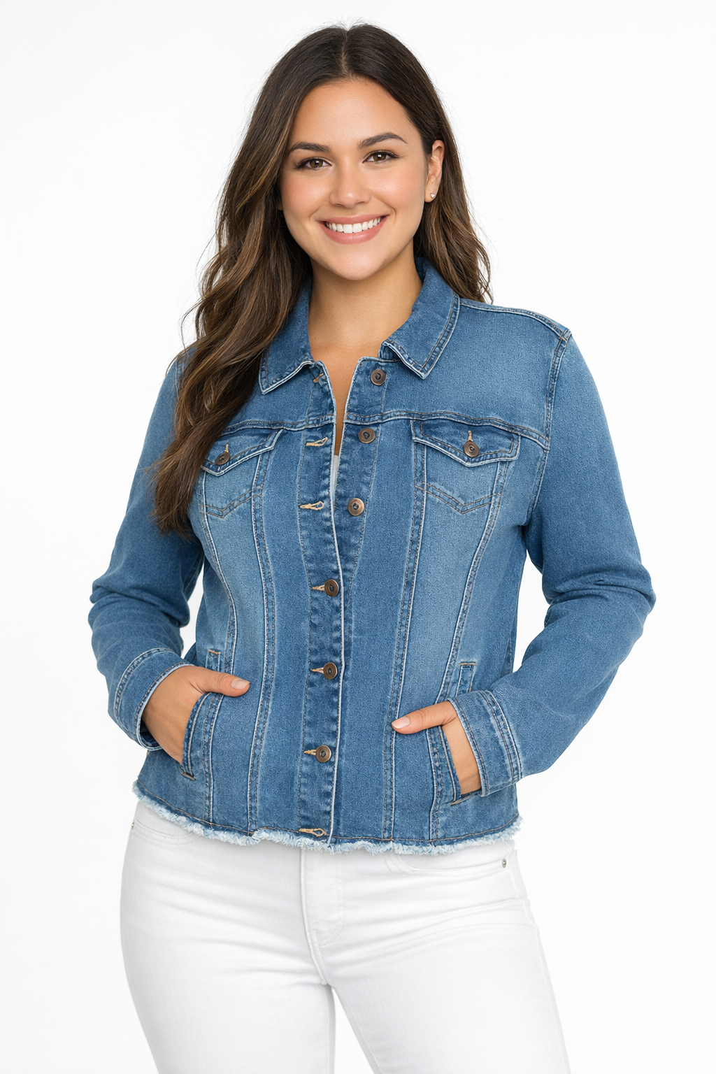 woman in a dark blue denim jean jacket