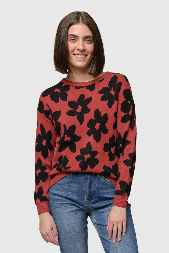 Soft Flower Crew Neck Sweater in Paprika