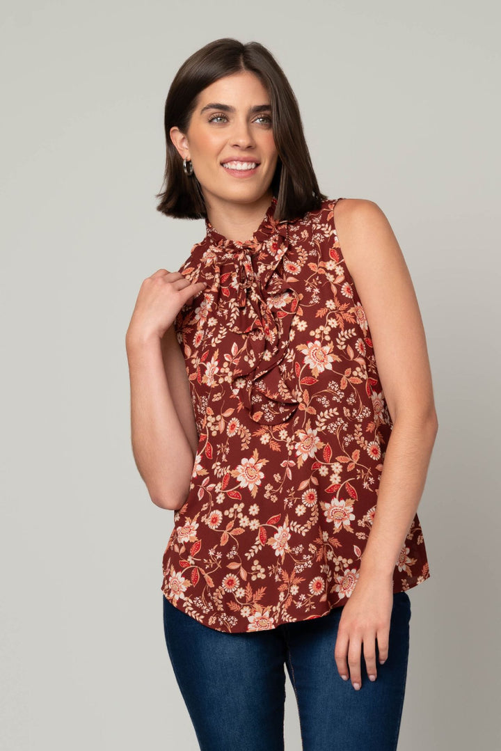 Printed Crepe Ruffle Neck Tank