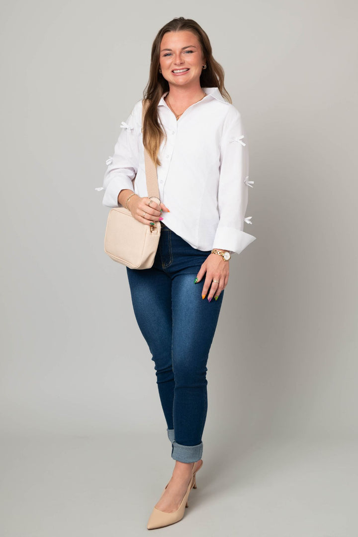 White Poplin Button Front Blouse with Bow Details
