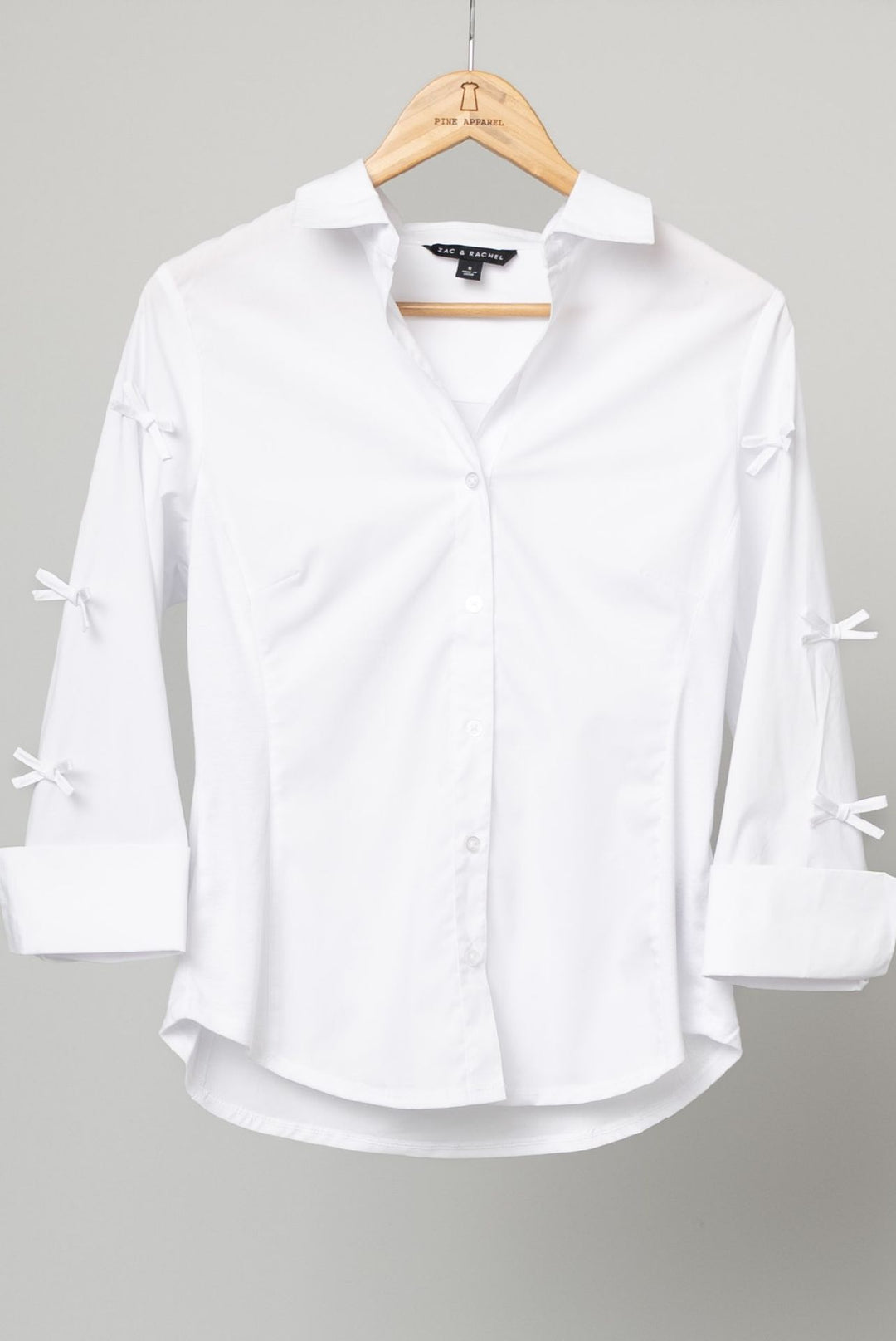 White Poplin Button Front Blouse with Bow Details