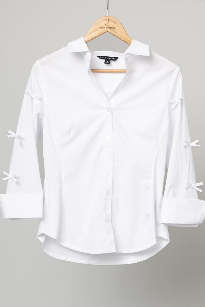 White Poplin Button Front Blouse with Bow Details