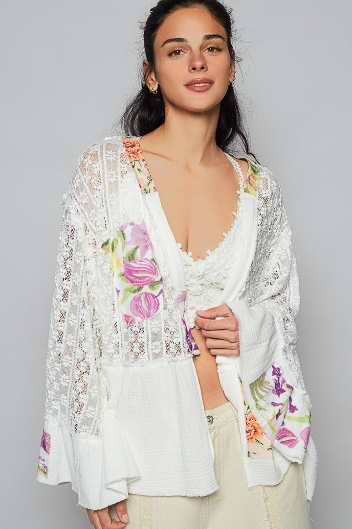 POL Gauze And Lace Floral Open Cardigan