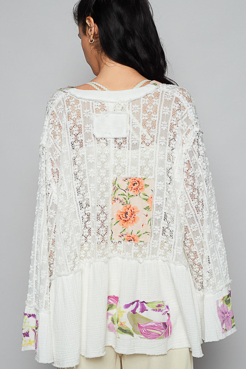 POL Gauze And Lace Floral Open Cardigan