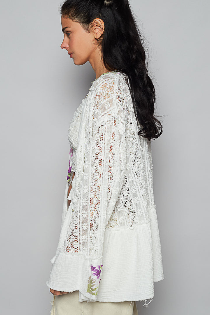 POL Gauze And Lace Floral Open Cardigan
