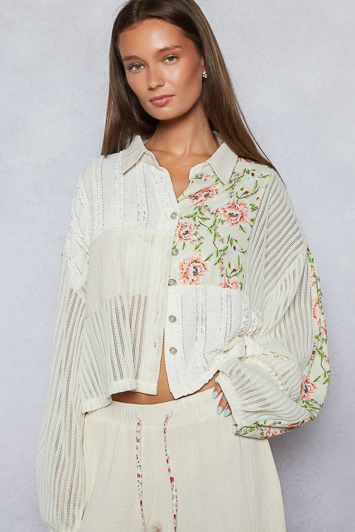 POL Patchwork Floral and Lace Button-Up Jacket