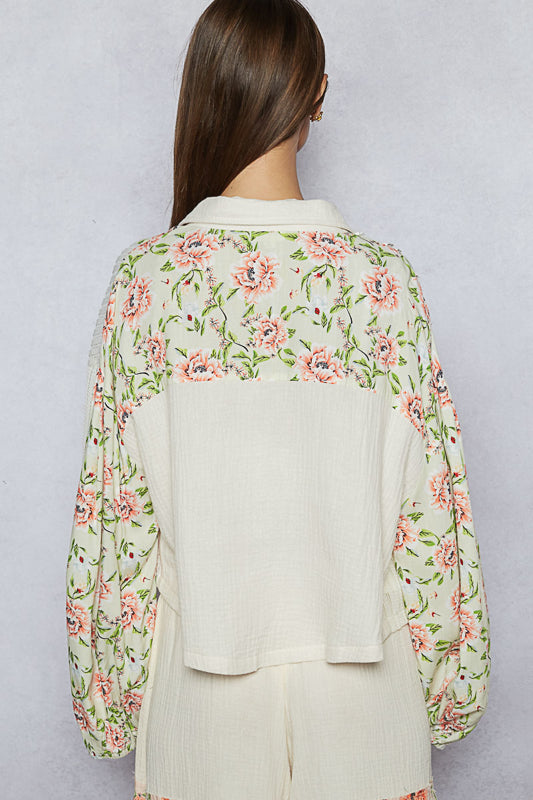 POL Patchwork Floral and Lace Button-Up Jacket