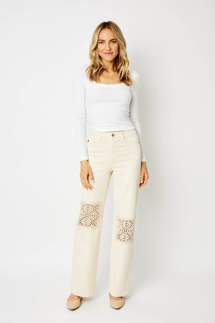 Judy Blue High Waist Crochet Patches Wide Leg Jeans