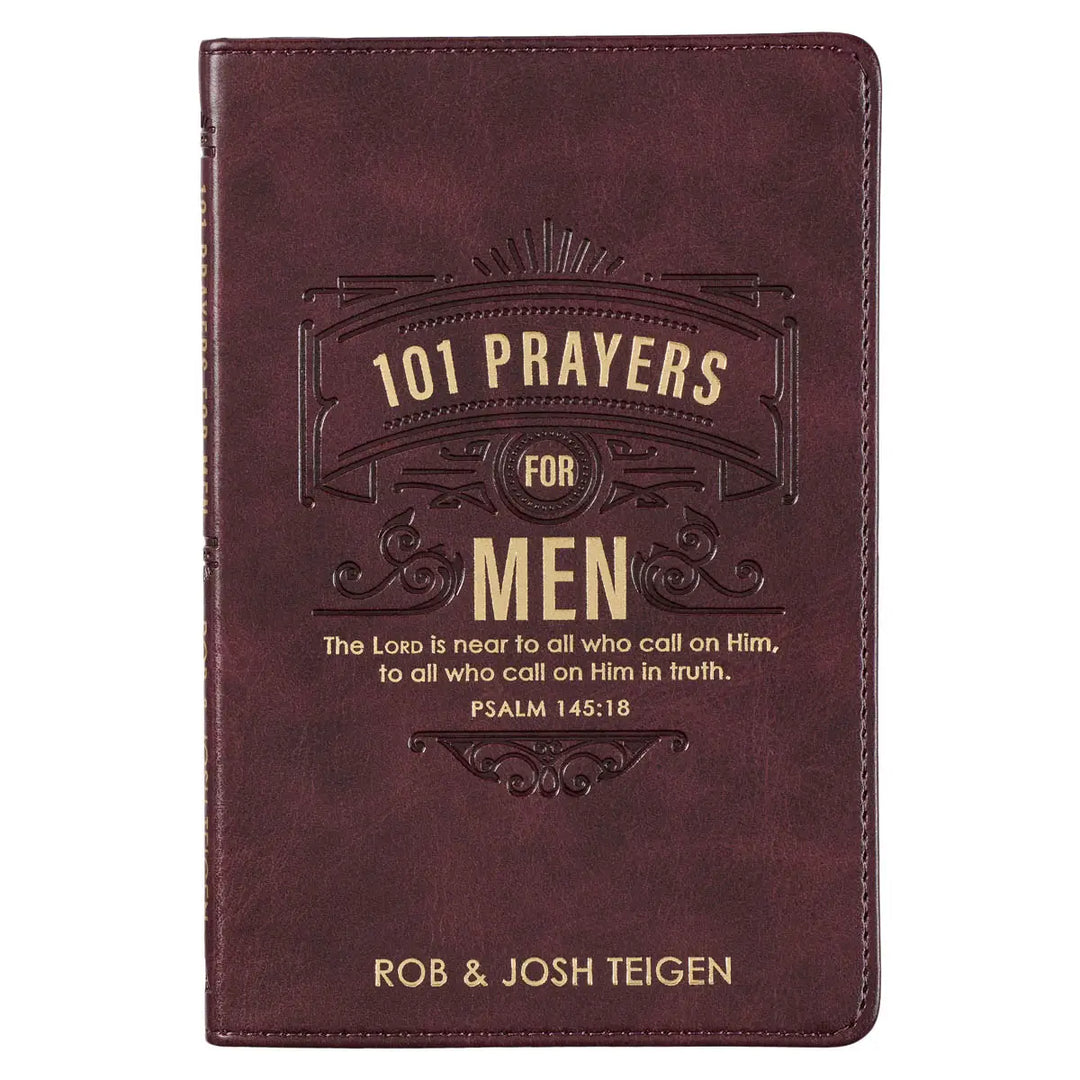 Brown leather book titled '101 Prayers for Men' with embossed text on a white background