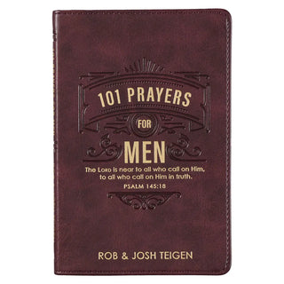 Brown leather book titled '101 Prayers for Men' with embossed text on a white background