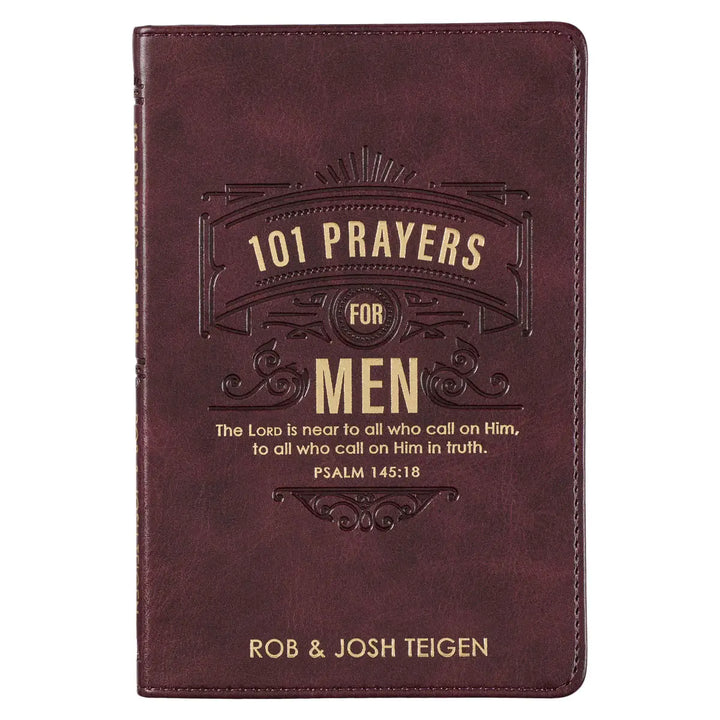 Brown leather book titled '101 Prayers for Men' with embossed text on a white background