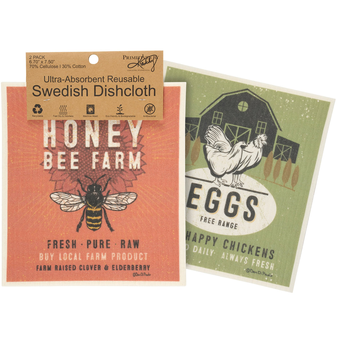 Reusuable Swedish Dishcloths set of 2 Honey Bee Farm and Eggs Free Range