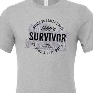 Grey crew neck t-shirt with black writing and horse and buggy faded in background