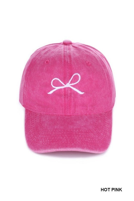 Coquette Ribbon Bow Embroidery Washed Hat