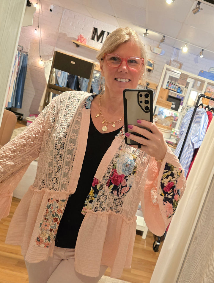 Floral Patchwork Lace and Gauze Cardigan in Powder Pink