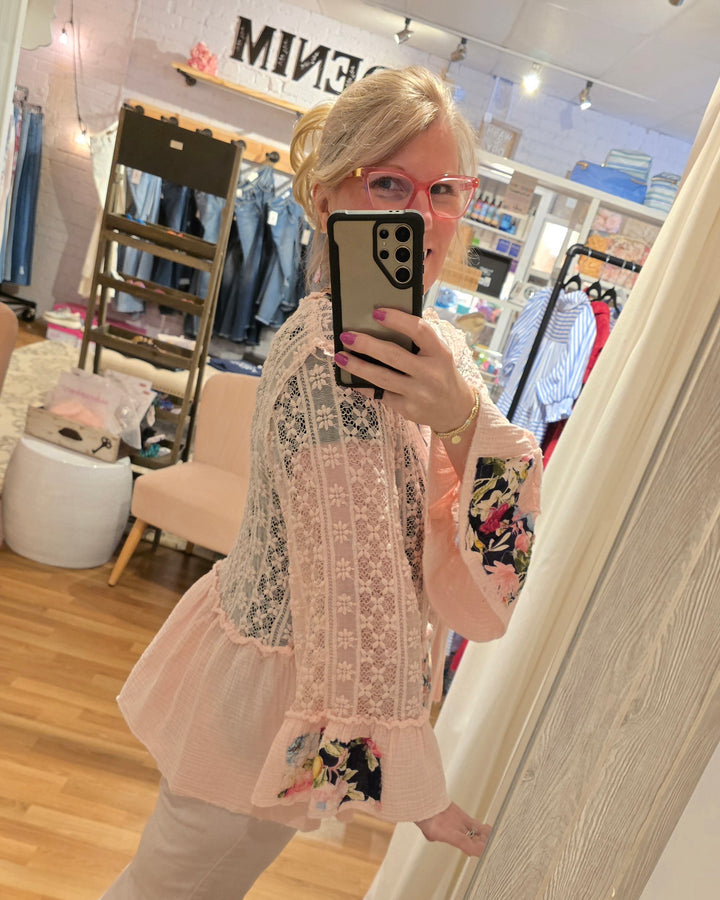Floral Patchwork Lace and Gauze Cardigan in Powder Pink