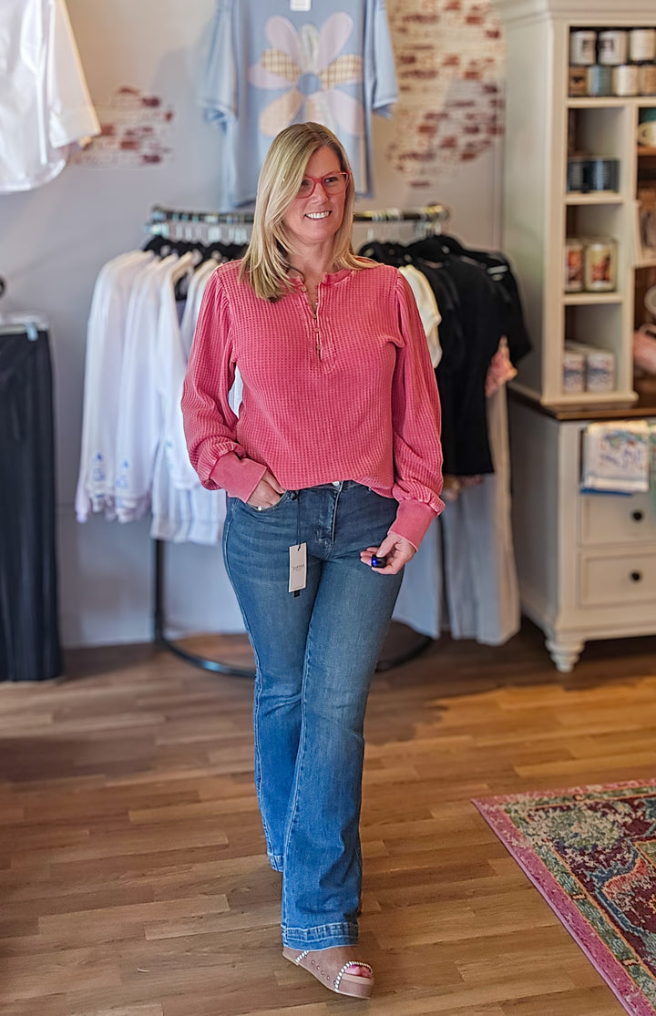 Washed Thermal Henley Top in Boho Red