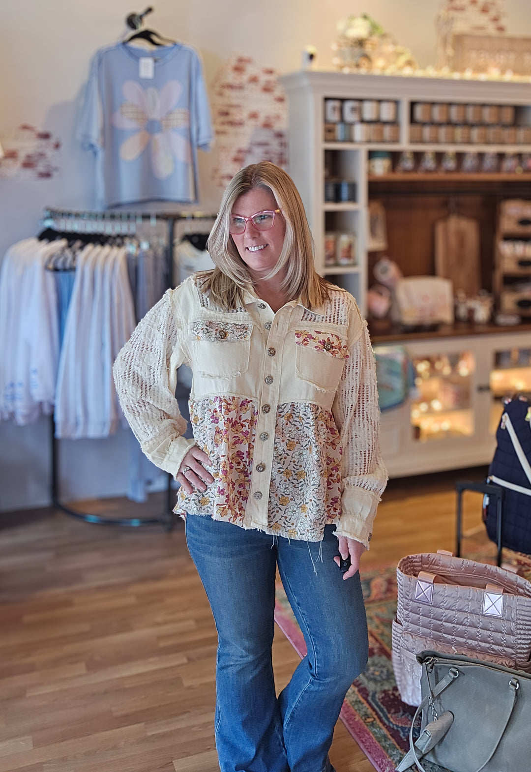 Twill and Lace Floral Pattern Jacket in Cream