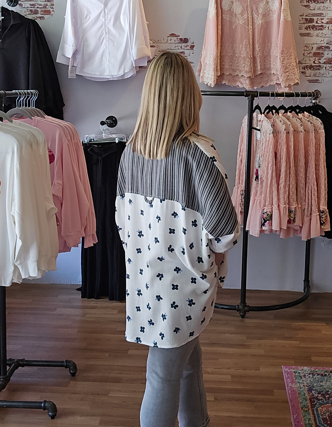 Floral Print and Stripes Shirt Top in Navy