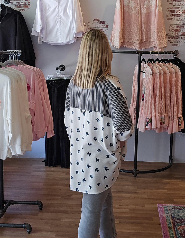 Floral Print and Stripes Shirt Top in Navy