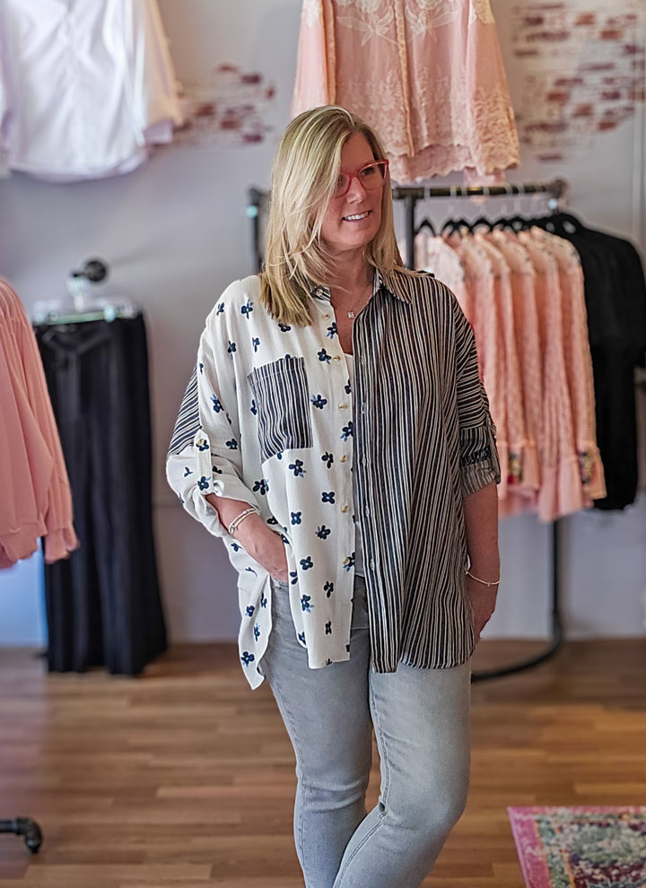 Floral Print and Stripes Shirt Top in Navy