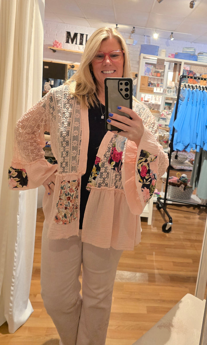 Floral Patchwork Lace and Gauze Cardigan in Powder Pink