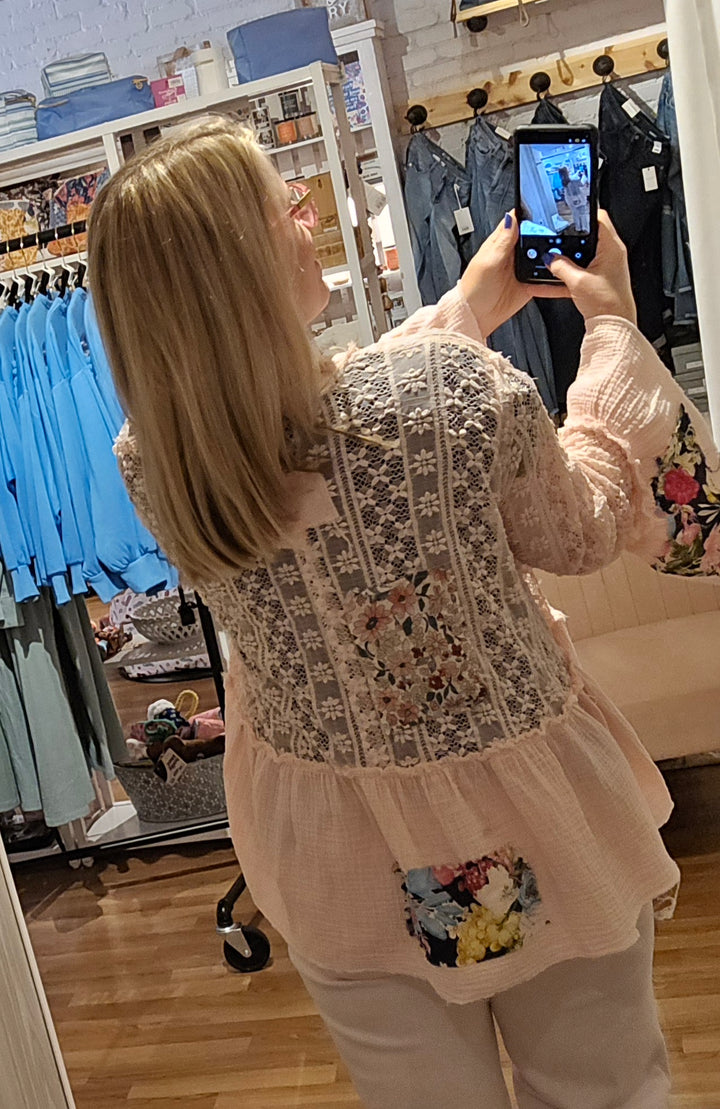 Floral Patchwork Lace and Gauze Cardigan in Powder Pink