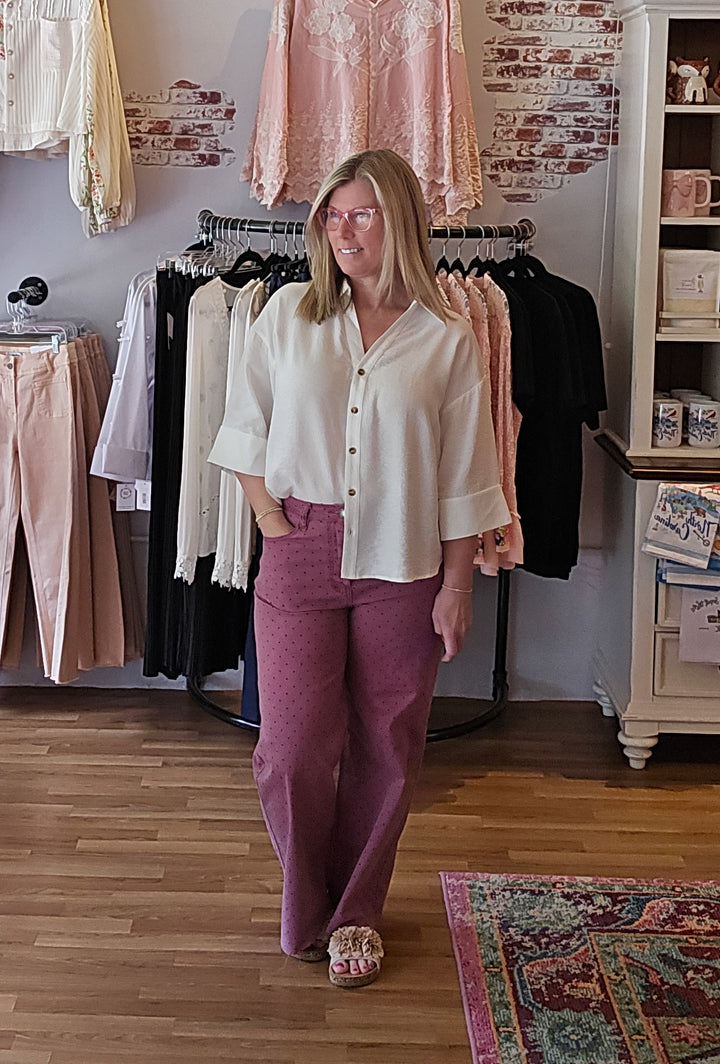 Polka Dots Washed Twill Stretch Pants in Mulberry