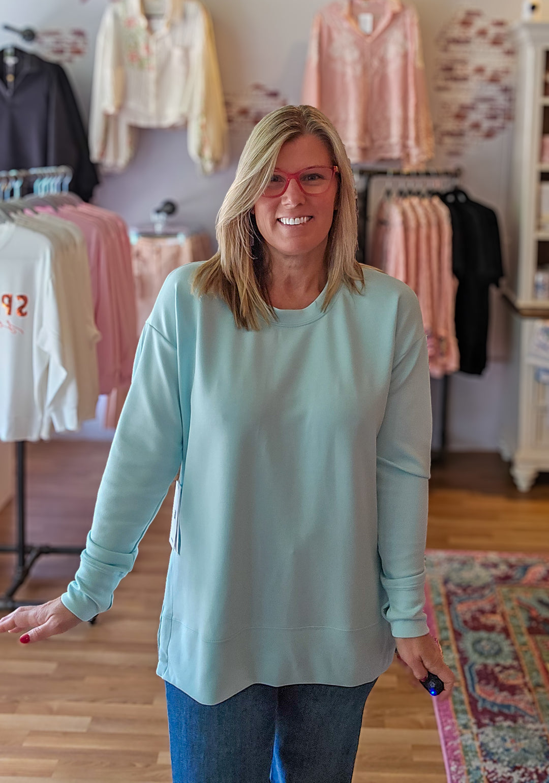 Modal Spandex High Low Crewneck in Aqua