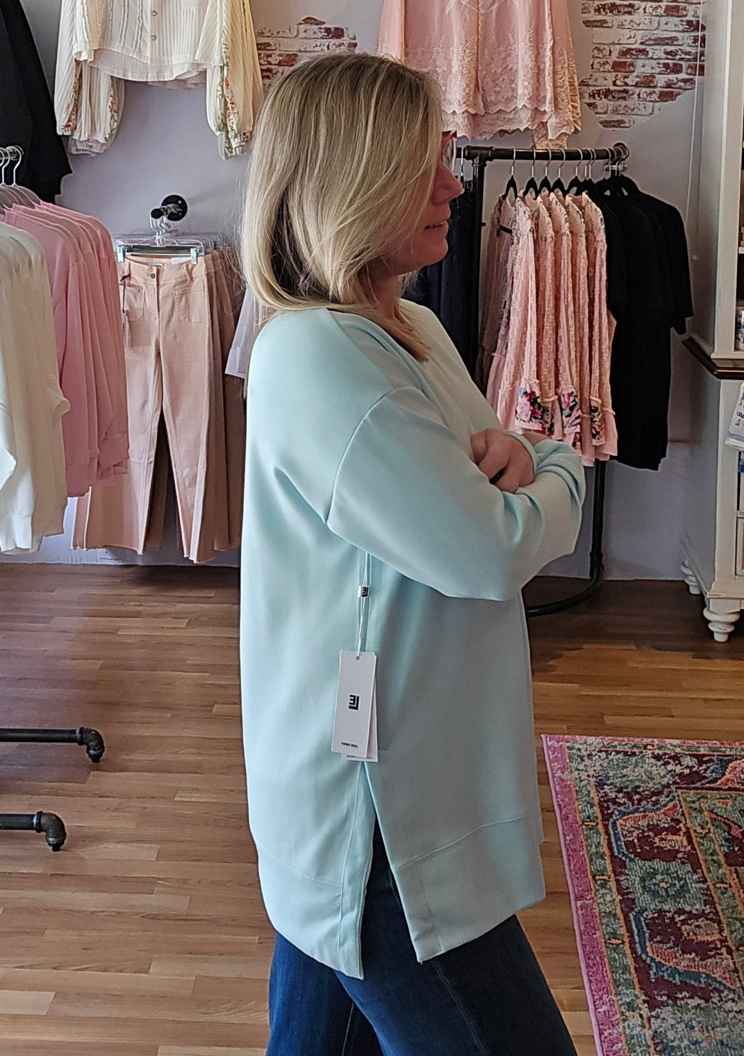 Modal Spandex High Low Crewneck in Aqua